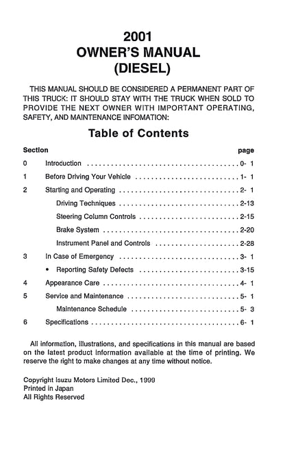 2001 GMC W-Series Diesel Gebruikershandleiding | Engels