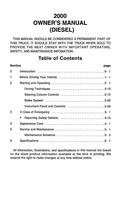 2000 GMC W-Series Diesel Gebruikershandleiding | Engels