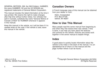 2005 Hummer H2 Gebruikershandleiding | Engels