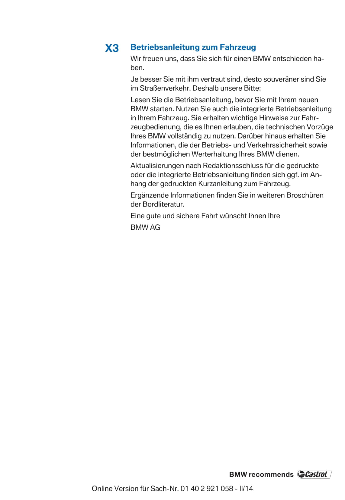 2014-2017 BMW X3 Manuel du propriétaire | Allemand