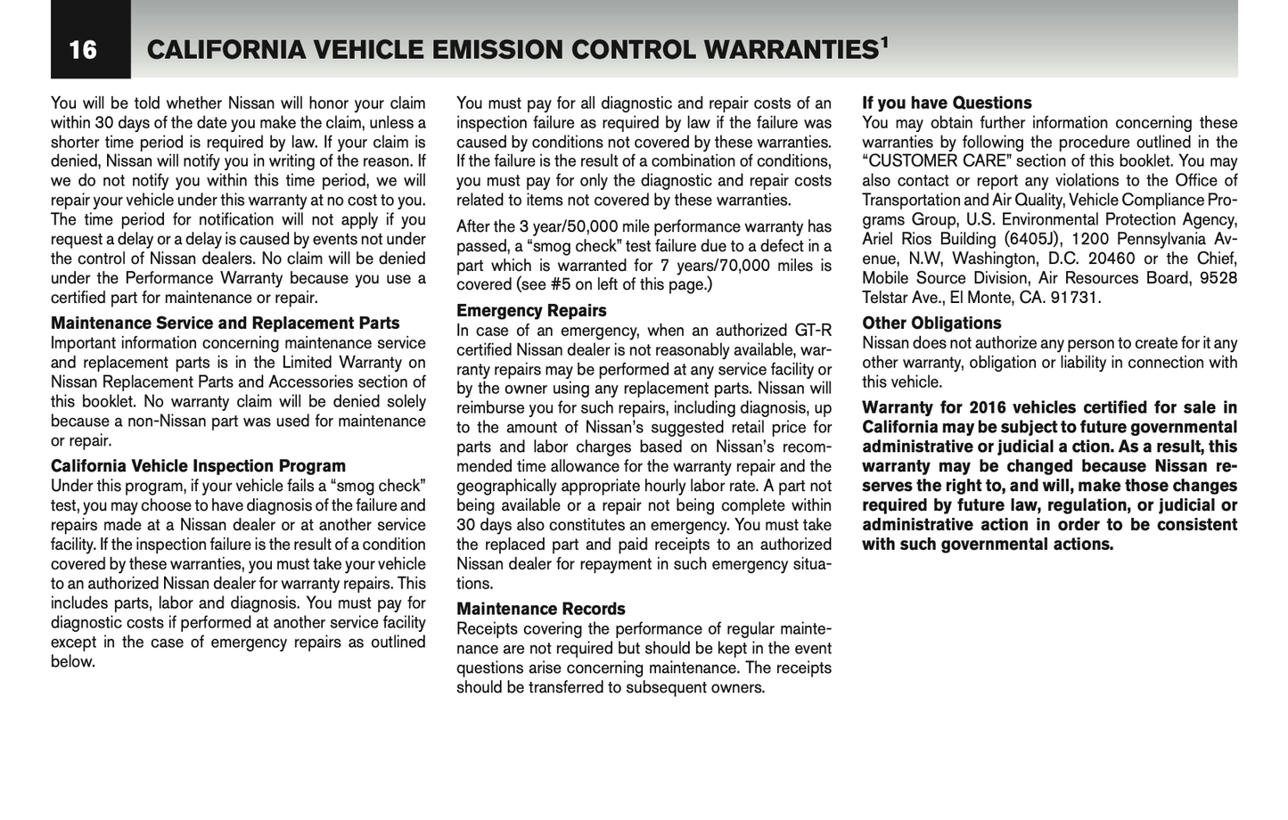 2016 Nissan GT-R Warranty Information Booklet | English