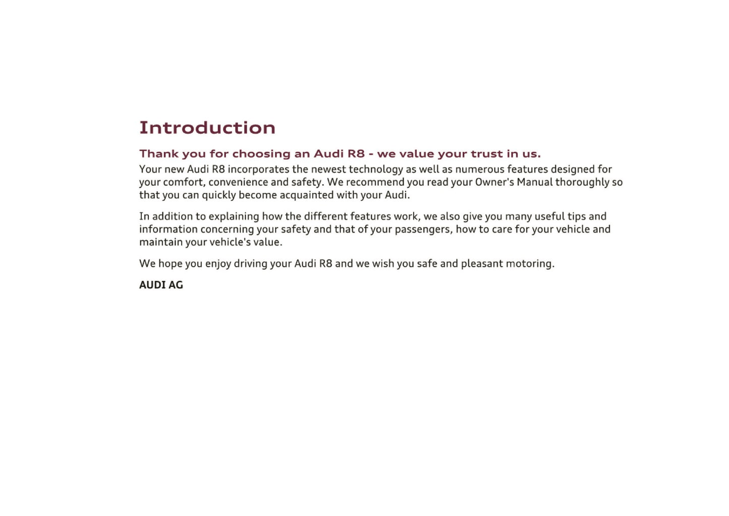 2010 Audi R8 Owner's Manual | English US