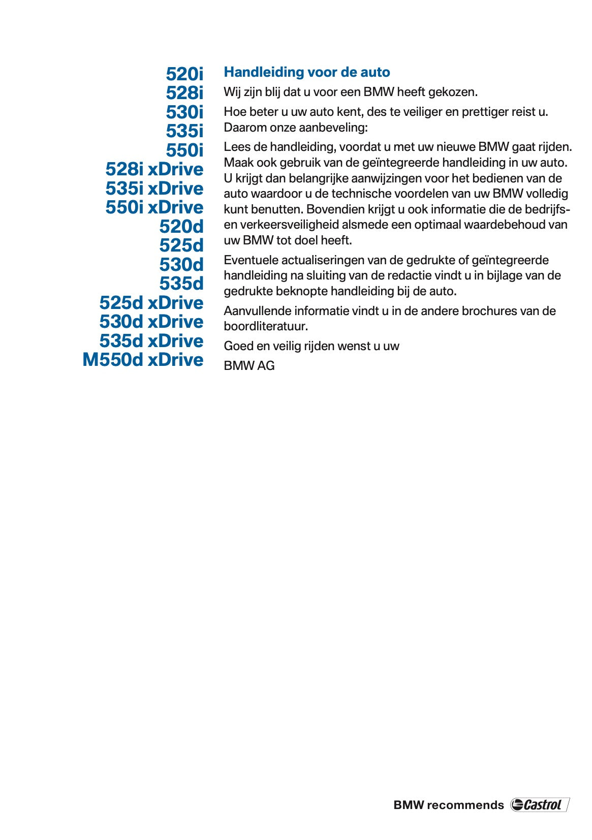 2012 BMW 5 Series Owner's Manual | Dutch