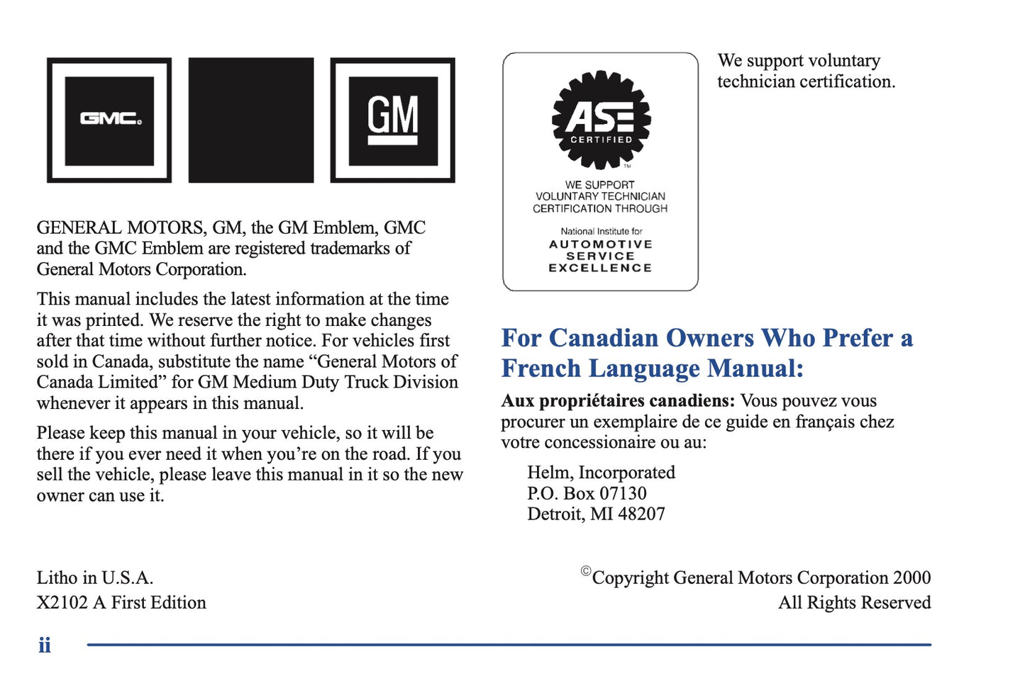 2001 GMC C Series Owner's Manual | English US