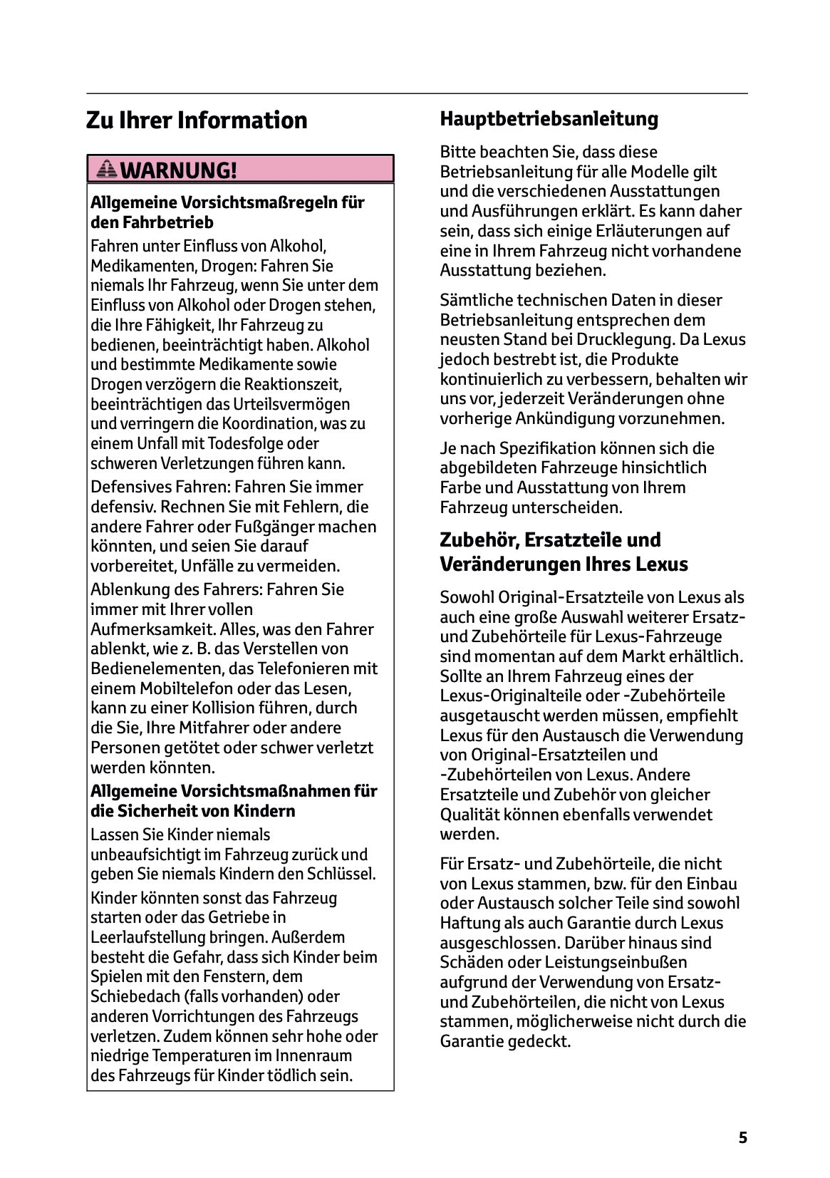 2025-2026 Lexus LBX Owner's Manual | German