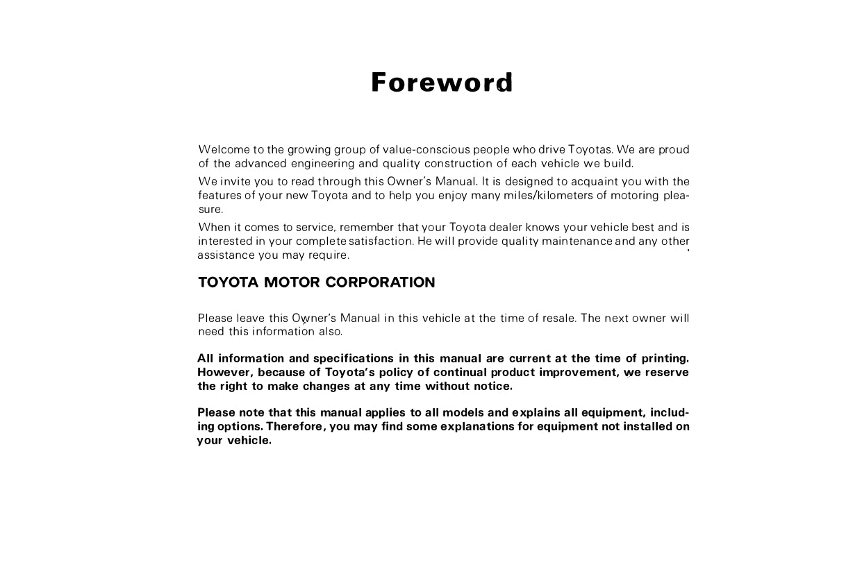 1987 Toyota 4WD Truck / 4Runner Owner's Manual | English