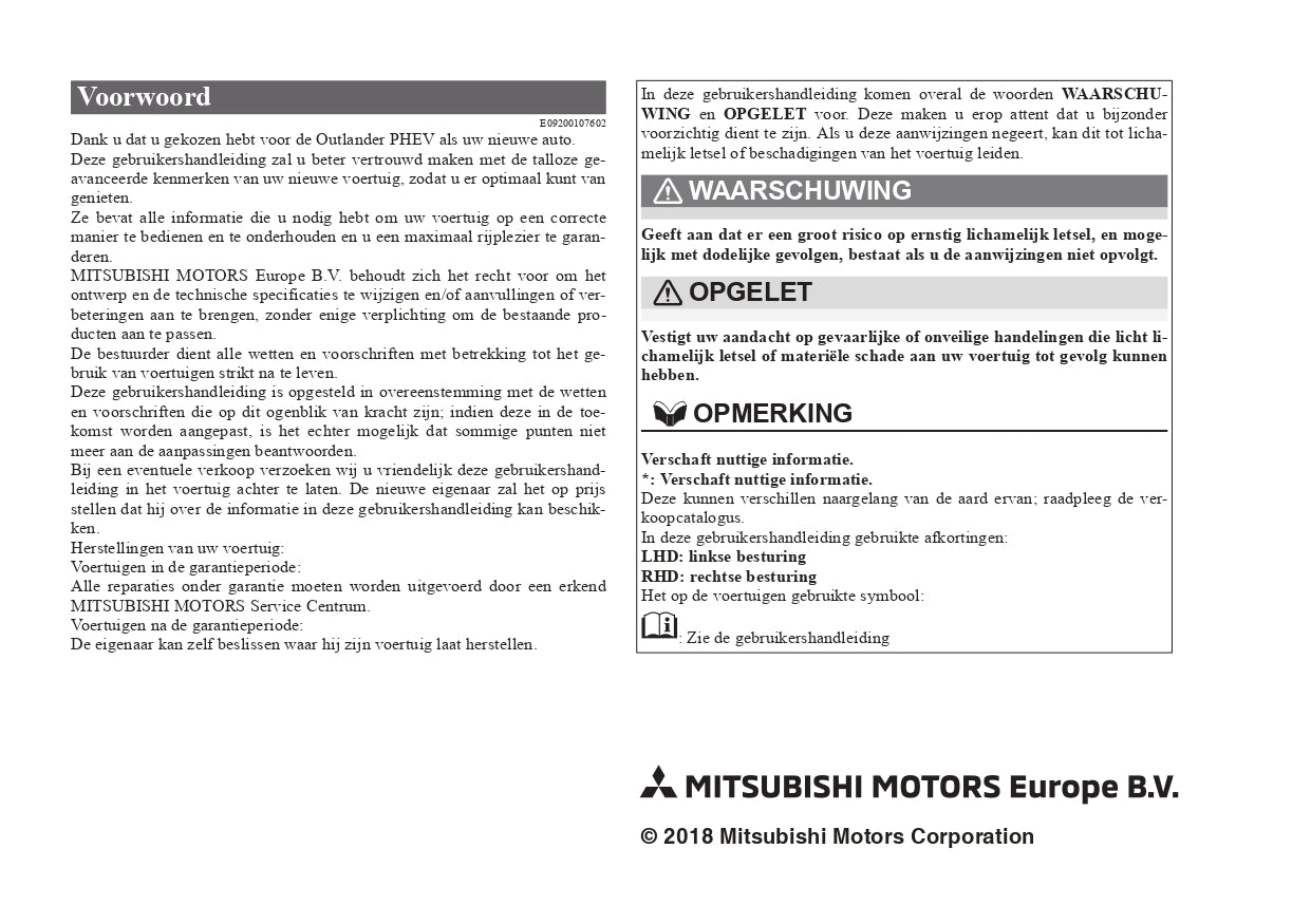 2018 Mitsubishi Outlander PHEV Owner's Manual | Dutch