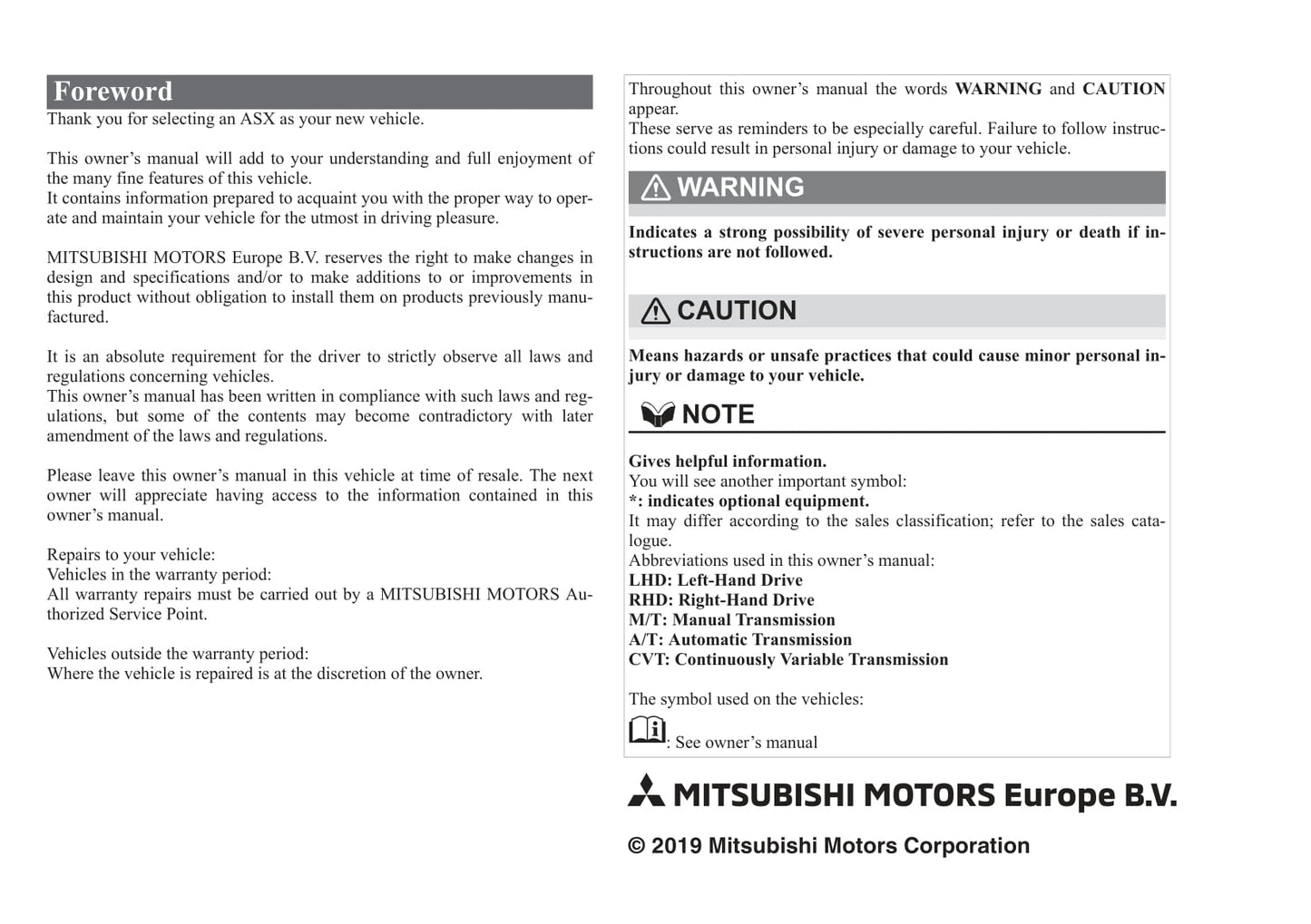 2020 Mitsubishi ASX Gebruikershandleiding | Engels