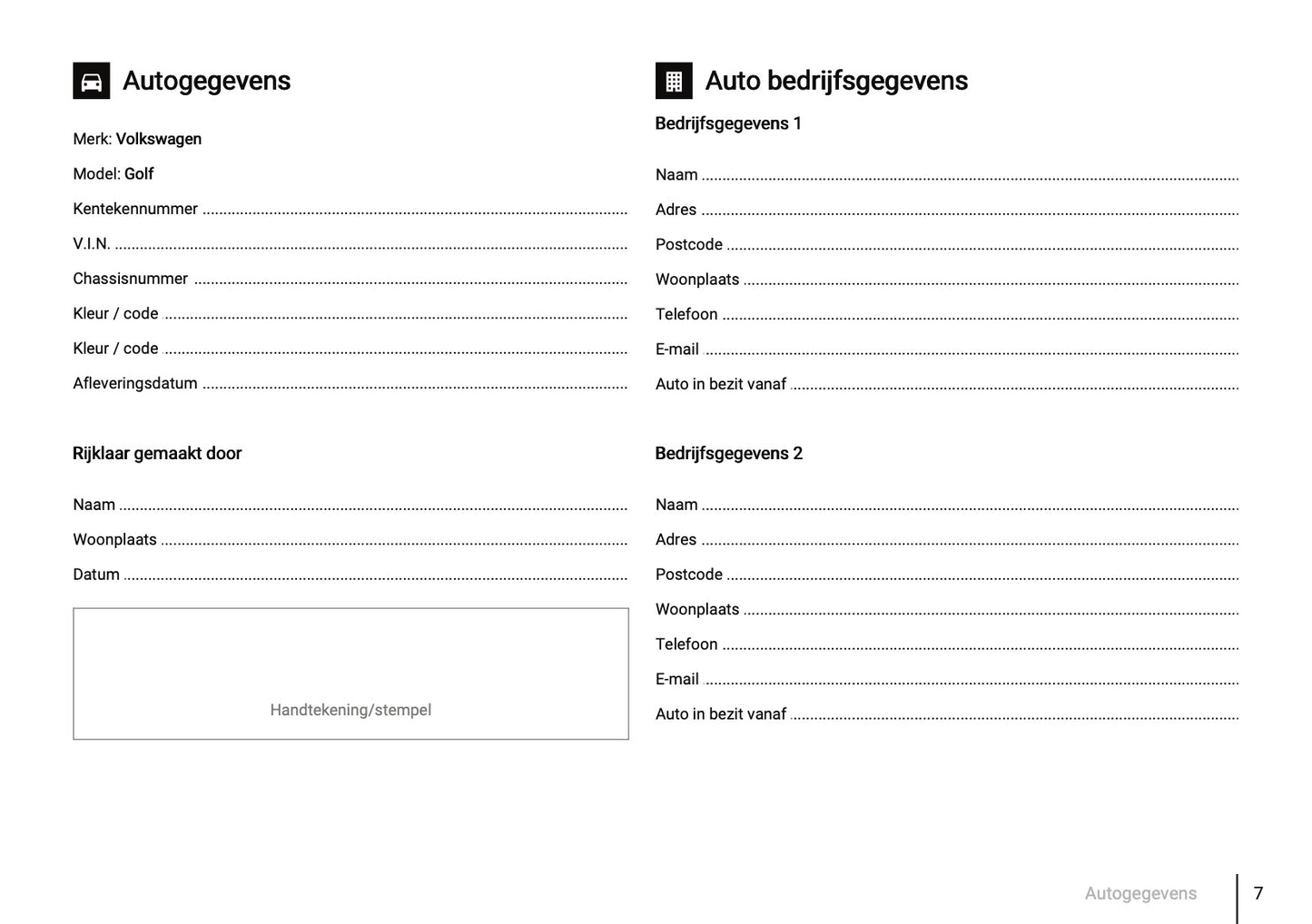 Onderhoudsboekje voor Volkswagen Golf 2020 - 2021