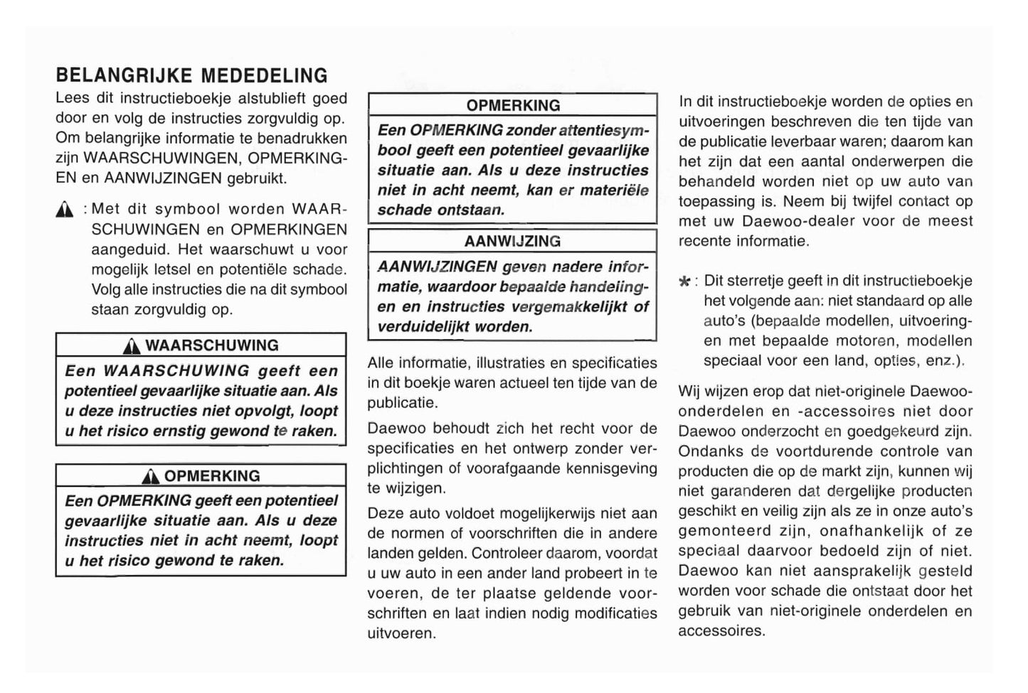 1998-2001 Daewoo Matiz Gebruikershandleiding | Nederlands