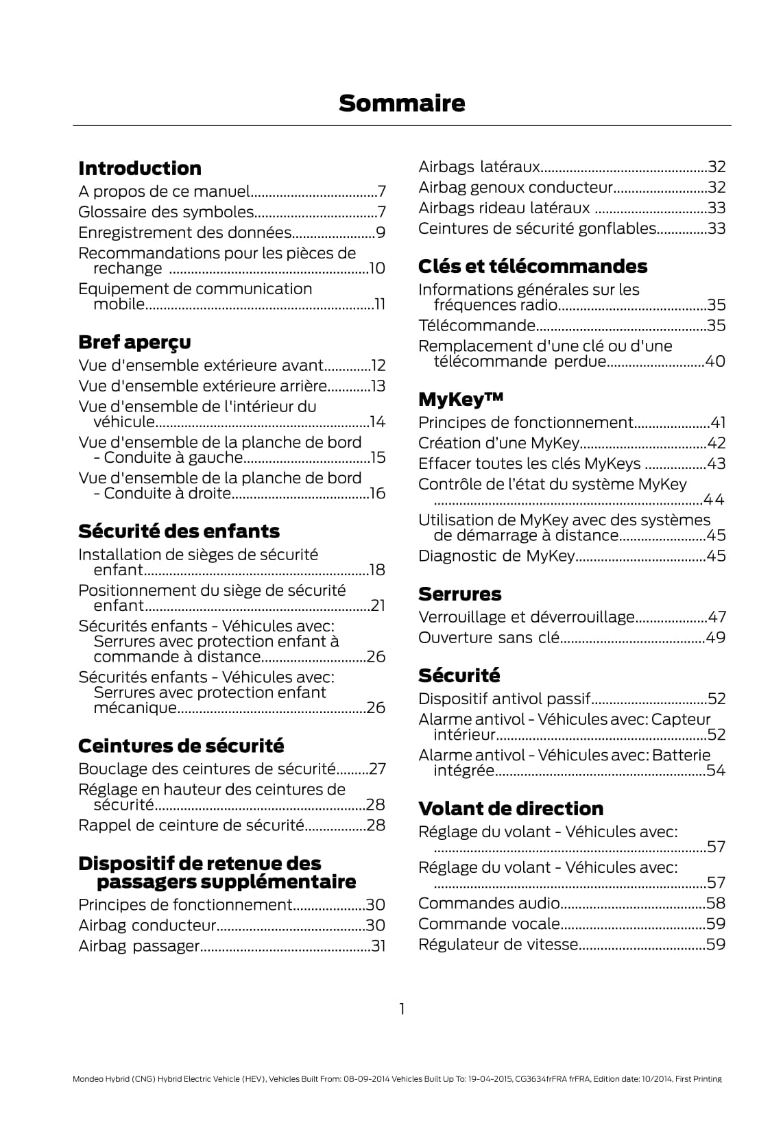 2014-2015 Ford Mondeo / Mondeo Hybrid Owner's Manual | French