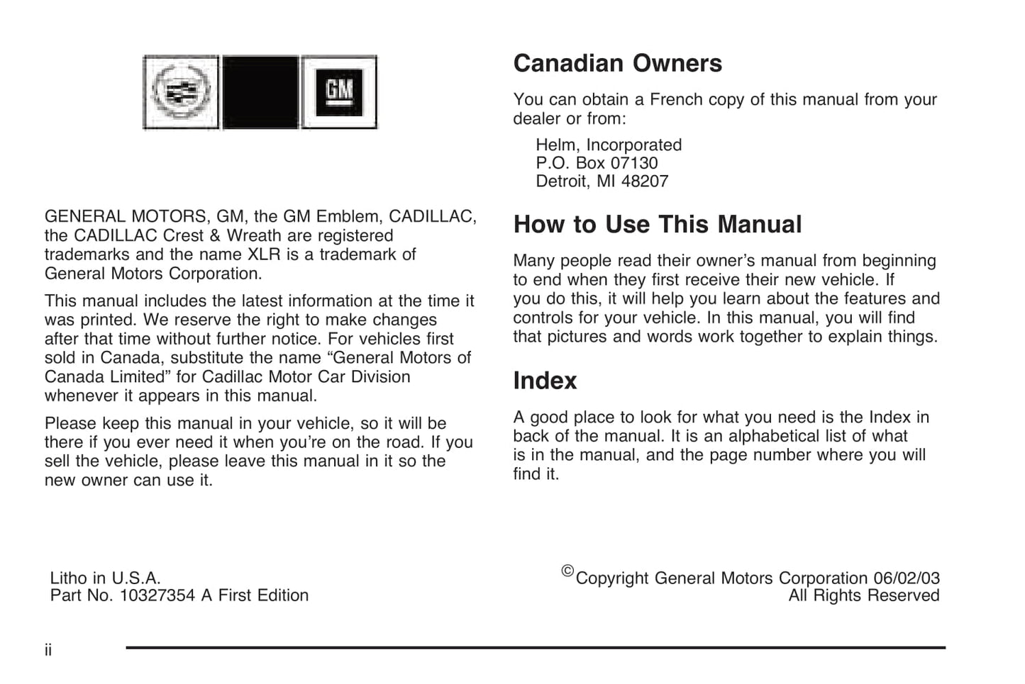 2004 Cadillac XLR Gebruikershandleiding | Engels