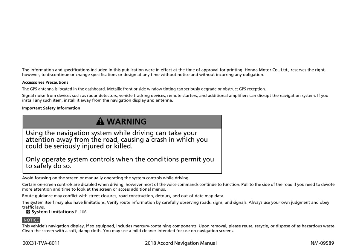 Honda Accord Navigation Owner's Manual 2018